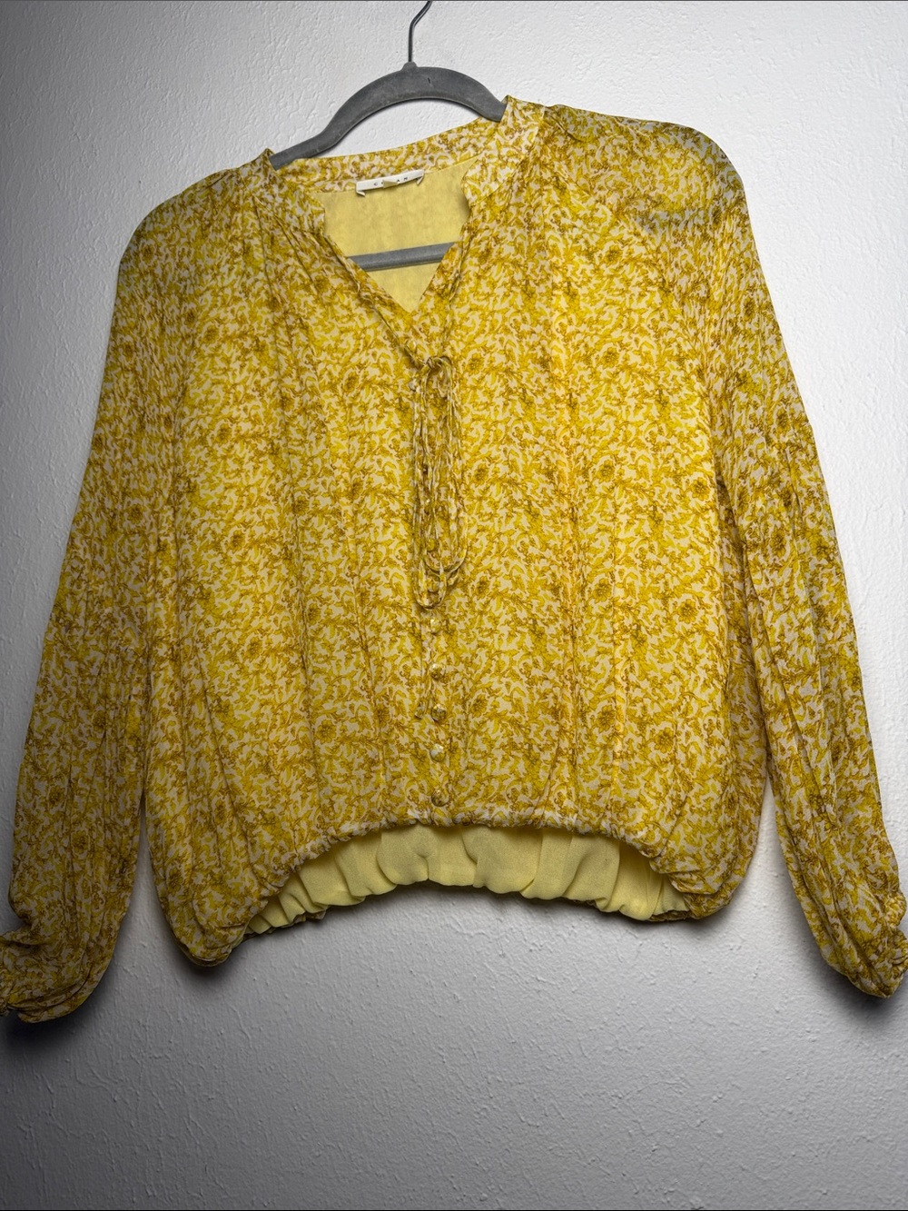 100% Silk - Yellow Floral Tie-Neck Blouse - Women Tops